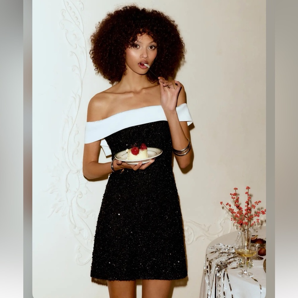 Cider SEQUIN OFF-SHOULDER SOLID BOWKNOT MINI DRES… - image 1